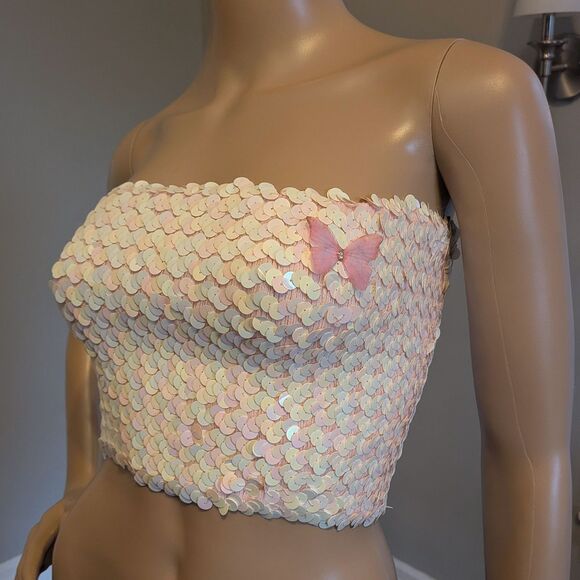 Vintage Y2K Jessica McClintock Tube Top Pink Sequin Butterfly Size S - Picture 4 of 9